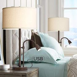 Traverse Modern Table Lamps Set of 2 with Hotel Style USB Charging Port Gooseneck LED Bronze Oatmeal Shade for Living Room - Possini Euro Design