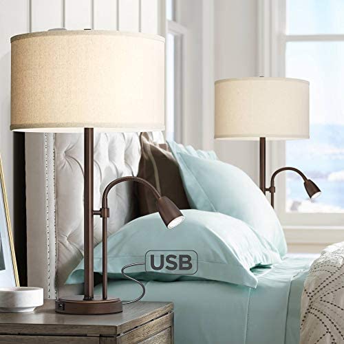 Traverse Modern Table Lamps Set of 2 with Hotel Style USB Charging Port Gooseneck LED Bronze Oatmeal Shade for Living Room - Possini Euro Design