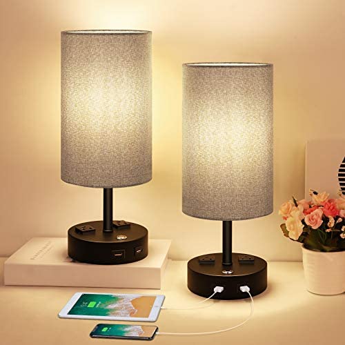 Table Lamp, Bedside Lamp with USB Port, 3 Way Dimmable Touch lamp, Table Lamps for Bedrooms, E26 LED Bulbs Included Nightstand Lamps, Small Desk Lamp with Grey Fabric Ideal for Living Room or Office