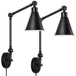 Swing Arm Wall Lamp, Dimmable Wall Sconce with On/Off Switch Industrial Wall Light Fixtures Set of 2 for Bedside Reading Living Room Lobby Hallway, Black Plug-in/Hardwire