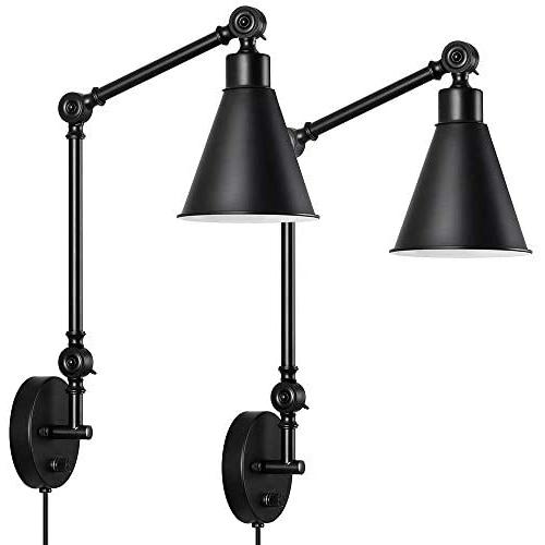 Swing Arm Wall Lamp, Dimmable Wall Sconce with On/Off Switch Industrial Wall Light Fixtures Set of 2 for Bedside Reading Living Room Lobby Hallway, Black Plug-in/Hardwire Swing Arm Wall Lamp, Dimmable Wall Sconce with On/Off Switch Industrial Wall Light Fixtures Set of 2 for Bedside Reading Living Room Lobby Hallway, Black Plug-in/Hardwire