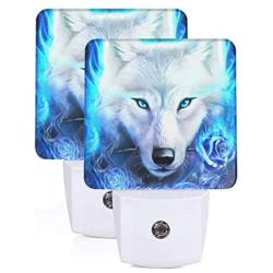 Set of 2 Led Night Lights, Blue Fire Rose Ice Wolf Auto Dusk-to-Dawn Sensor Night Lamp Plug-in Home Decorative for Adult