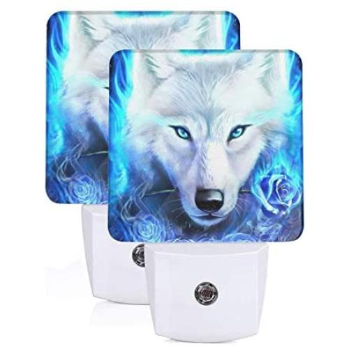 Set of 2 Led Night Lights, Blue Fire Rose Ice Wolf Auto Dusk-to-Dawn Sensor Night Lamp Plug-in Home Decorative for Adult