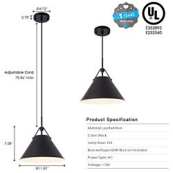 Modern Pendent Light Fixture with Leather and Iron Finish, 1-Light Hanging Light for Kitchen Island Dining Room Bedroom Living Room,UL Listed Wires,Black, by YIFI