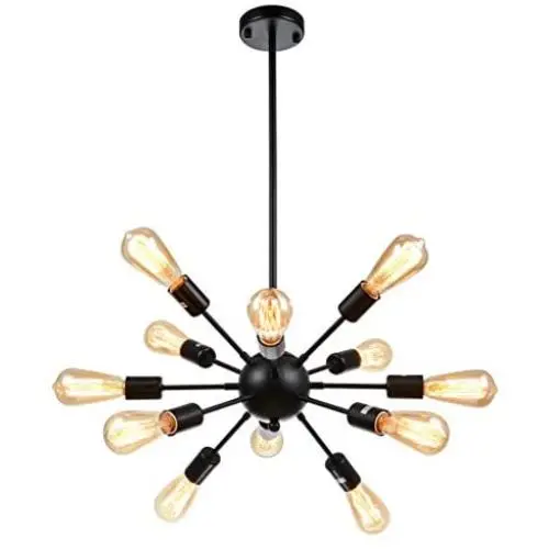 mirrea Sputnik Chandelier Vintage Edison Light Fixture Industrial Starburst Lighting with 12 Lights Black Paint Finished Metal