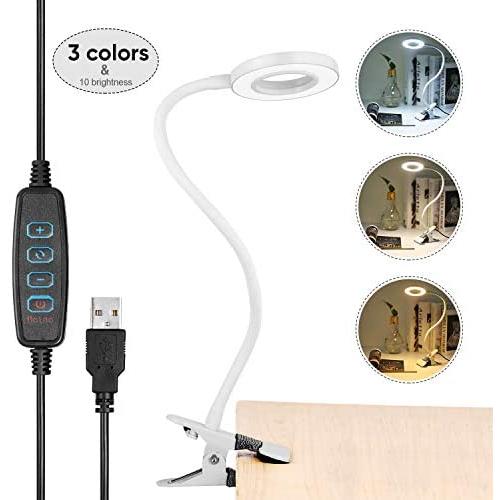 Clip on Reading Light, Othran 5ft 28 LED Eye-Caring Book Light USB Powered, 5W 3 Colors 10 Brightness Levels with Flexible Neck for Bedside Study, Desk Work, Dorm Room, Laptop(White)
