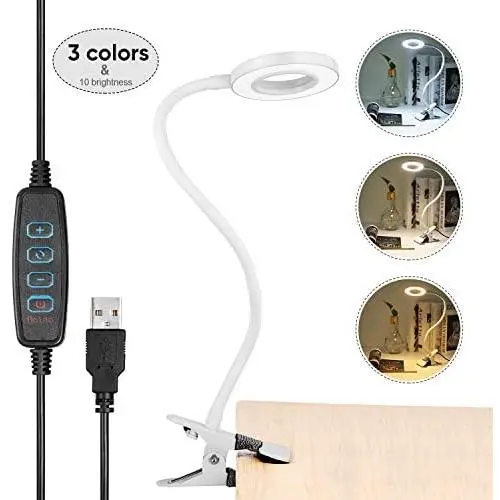 Clip on Reading Light, Othran 5ft 28 LED Eye-Caring Book Light USB Powered, 5W 3 Colors 10 Brightness Levels with Flexible Neck for Bedside Study, Desk Work, Dorm Room, Laptop(White)