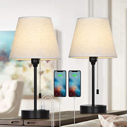 Bedside Table Lamp, Nightstand Lamp with Dual USB Charging Ports, Modern Lamps with Linen Shade for Bedroom Living Room Office, Set of 2