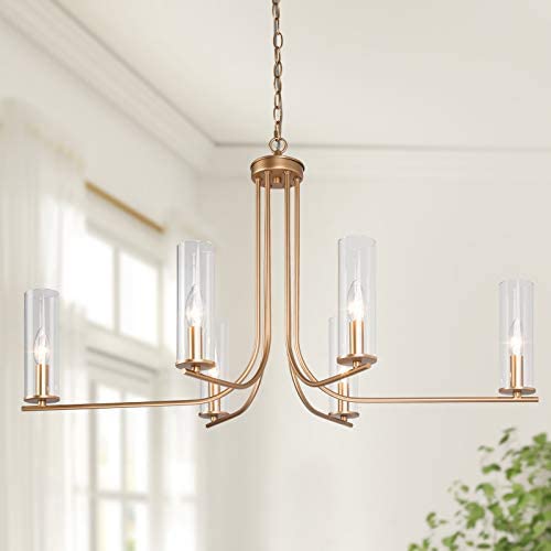 Gold Chandelier, Dining Room Chandelier with Clear Glass, Modern 6-Light Brass Hanging Light Fixture for Kitchen Island, Living Room, 36 inches