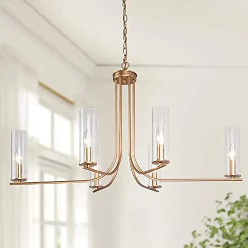 Gold Chandelier, Dining Room Chandelier with Clear Glass, Modern 6-Light Brass Hanging Light Fixture for Kitchen Island, Living Room, 36 inches