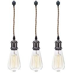 ANYE 1 ft Brown Weave Rope Wire 3-Lights H-Type Track Pendant Light Pearl Black Base Light Fixtures Retro Vintage Style Ceiling Light for Loft Corridor Dining Room Bedroom Bulb and Track Not Included