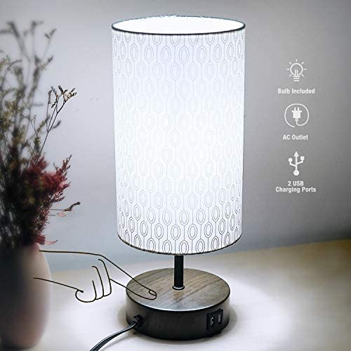 3-Way Touch Control Dimmable Table Lamp Modern Nightstand Lamp, with 2 USB Charging Ports,Fabric Round shade,Daylight White 5000K,10W Equivalent Vintage LED Bulb Included,for Bedroom LivingRoom Office