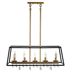 JINZO 31.5'' Rectangle Chandelier 5-Lights Black and Glod Farmhouse Dining Room Lighting Rustic Pendant Chandelier for Kitchen Island