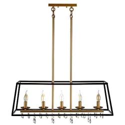 JINZO 31.5'' Rectangle Chandelier 5-Lights Black and Glod Farmhouse Dining Room Lighting Rustic Pendant Chandelier for Kitchen Island