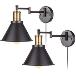 YeLEEiNO Swing Arm Wall Lamp Plug-in Cord Industrial Wall Sconce Bronze Socket and Black Finish with On/Off Switch, E26 Base Bedroom Wall Lights Fixtures Bedside Reading Lamps (2 Lights)