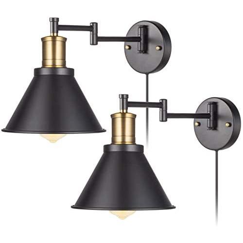 YeLEEiNO Swing Arm Wall Lamp Plug-in Cord Industrial Wall Sconce Bronze Socket and Black Finish with On/Off Switch, E26 Base Bedroom Wall Lights Fixtures Bedside Reading Lamps (2 Lights)