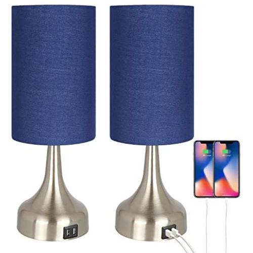 Haian 3-Way Dimmable Touch Control Table Lamp with USB Charging Port Set of 2,Modern Nightstand Bedside Desk Lamp with Navy Blue Cylinder Lampshade for Living Room,Bedroom,Study Room,LED Bulb Included