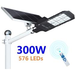 300W LED Solar Street Lights, Outdoor Dusk to Dawn Pole Light with Remote Control, Waterproof, Ideal for Parking Lot, Stadium, Yard, Garage and Garden (Cool White)