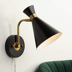 Venice Mid Century Modern Wall Lamp Matte Black Antique Brass Plug-in Light Fixture Adjustable Metal Cone Shade for Bedroom Bedside Living Room Reading - 360 Lighting