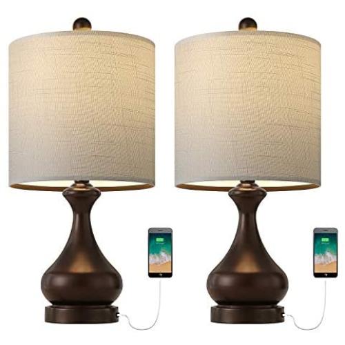 BOBOMOMO USB Metal 21 Table Lamp Set of 2 with Charging Port,Eye-Caring Nightstand Lamps Dressed in Brushed Brown Finish and White Lamp Shades for Bedroom, Living Room