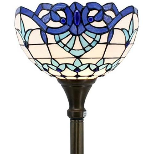 Tiffany Floor Lamp Torchiere Up Lighting W12H66 Inch White Blue Stained Glass Baroque Lampshade Antique Standing Iron Base 1E26 Foot Switch S003B WERFACTORY Lamps Living Room Home Office Decoration