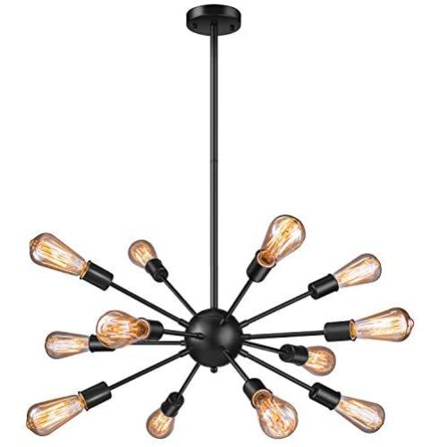 Vintage Pendant Light with 12 UL Sockets, Elibbren E26 Base Modern Black Sputnik Hanging Light Industrial Hanging Pendant Light Fixture for Kitchen Dining Room Bedroom Study Living Room