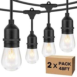 2-Pack 96FT Outdoor String Lights with Dimmable 11W Edison Vintage Bulbs, Waterproof Commercial Grade Patio Hanging Lights for Cafe Pergola Backyard Bistro Wedding, 2700K Warm White, Black 48FT/String