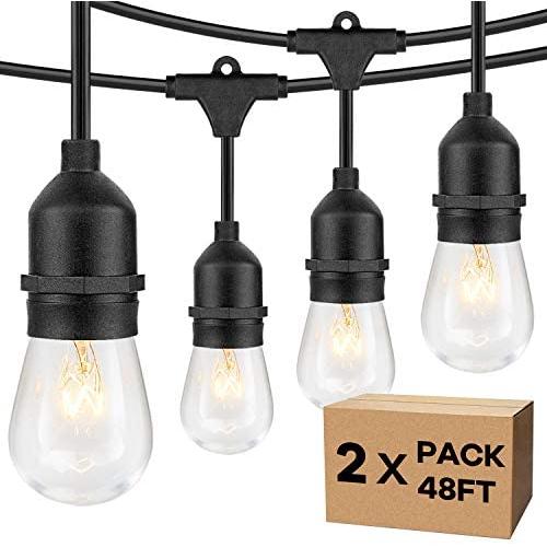 2-Pack 96FT Outdoor String Lights with Dimmable 11W Edison Vintage Bulbs, Waterproof Commercial Grade Patio Hanging Lights for Cafe Pergola Backyard Bistro Wedding, 2700K Warm White, Black 48FT/String