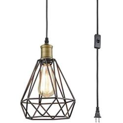 Farmhouse Plug in Pendant Light with On/Off Switch Wire Caged Hanging Pendant Lamp