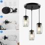 3-Light Mason Jar Chandelier Lighting Fixtures Farmhouse Glass Pendant Light, Black Semi Flush Mount Ceiling Hanging Light Adjustable Chandelier for Kitchen Island Dining Room Hallway