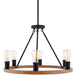 Kira Home Jericho 25'' 6-Light Large Rustic Farmhouse Wagon Wheel Chandelier, Round Kitchen Island Light, Textured Black Accents + Warm Oak Wood Style Finish