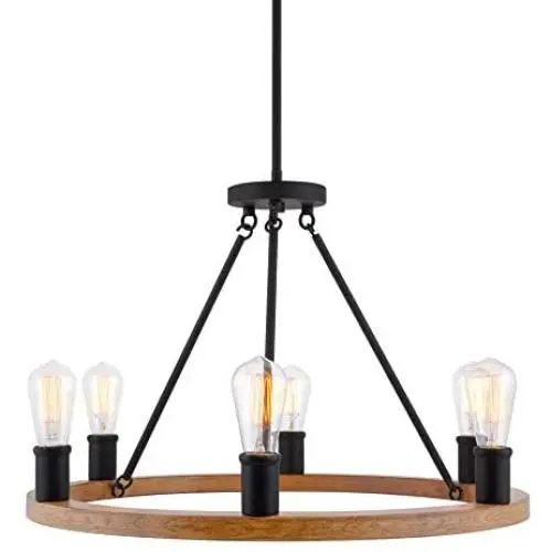 Kira Home Jericho 25'' 6-Light Large Rustic Farmhouse Wagon Wheel Chandelier, Round Kitchen Island Light, Textured Black Accents + Warm Oak Wood Style Finish