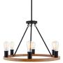 Kira Home Jericho 25'' 6-Light Large Rustic Farmhouse Wagon Wheel Chandelier, Round Kitchen Island Light, Textured Black Accents + Warm Oak Wood Style Finish