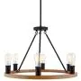 Kira Home Jericho 25'' 6-Light Large Rustic Farmhouse Wagon Wheel Chandelier, Round Kitchen Island Light, Textured Black Accents + Warm Oak Wood Style Finish