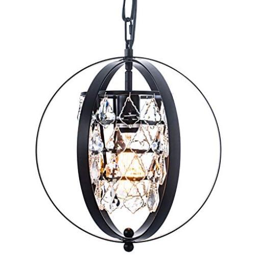 Industrial Metal Pendant Light Fixture,Vintage Globe Crystal Chandelier Hanging Light, Flush Mount Ceiling Light Fixture for Kitchen Dining Room Living Room Bedroom Farmhouse Entryway Black Spherical