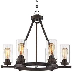 Holman Bronze Wagon Wheel Chandelier 26 3/4'' Wide Rustic Farmhouse Clear Glass 6-Light Fixture for Dining Room House Foyer Kitchen Island Entryway Bedroom Living Room - Franklin Iron Works