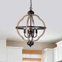 ACLand Farmhouse Chandelier, 4-Light Rustic Pendant Light Fixture Matte Black and Wood Texture Finish Industrial Metal Ceiling Hanging Lighting for Indoor Foyer Kitchen Island Dining Living Room