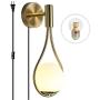 BOKT Modern Glass Wall Lamp Gold Glass Globe Wall Mounted Sconces with On/Off Switch and US Plug, Water Drop Wall Sconce Lighting for Bedsides Bedroom Living Room, Brushed Brass (Plug in)