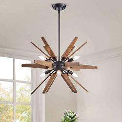 Modern Farmhouse Chandelier Suitable for Living and Dining Rooms. Open Style Ceiling Light Fixture Provides Multidirectional Lighting. Sputnik Pendant Lamp with Rustic Wood Arms Creates Timeless Feel.