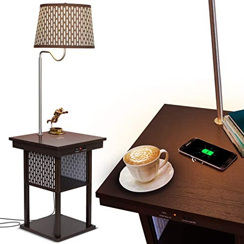 Brightech Madison w. Wireless Charging Station & USB Port - Narrow Nightstand in Mid Century Modern Style with Built in LED Lamp - End Table & Attached Reading Light for Living Rooms - Havana Brown