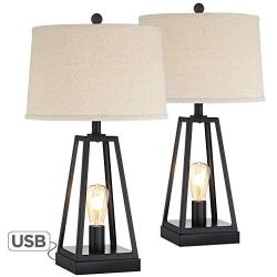 Kacey Industrial Farmhouse Table Lamps Set of 2 with USB Charging Port Nightlight LED Open Column Dark Metal Oatmeal Fabric Drum Shade for Living Room Bedroom Bedside Nightstand - Franklin Iron Works