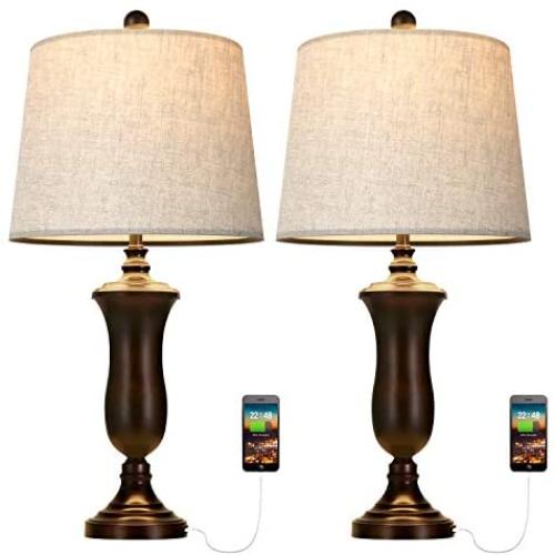 Oneach Modern Table Lamps Set of 2 with USB Port for Living Room Bedroom 25'' Night Light Lamp with Fabric Drum Shade Brown