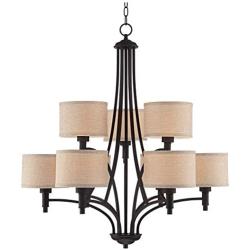 La Pointe Oil Rubbed Bronze Chandelier 30 1/2'' Wide Industrial Linen Shade 9-Light Fixture for Dining Room House Foyer Kitchen Island Entryway Bedroom Living Room - Franklin Iron Works