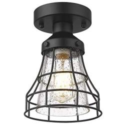 VICNIE 1-Light Semi Flush Mount, 6.3 inch Industrial Ceiling Light Fixture, Seeded Glass Lampshade, Black Finish for Hallway, Laundry, Foyer, Kitchen