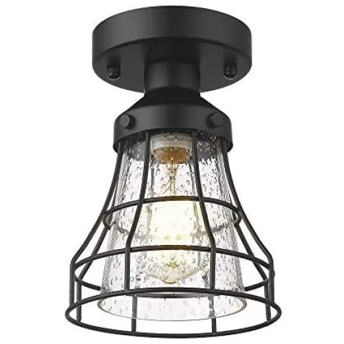 VICNIE 1-Light Semi Flush Mount, 6.3 inch Industrial Ceiling Light Fixture, Seeded Glass Lampshade, Black Finish for Hallway, Laundry, Foyer, Kitchen