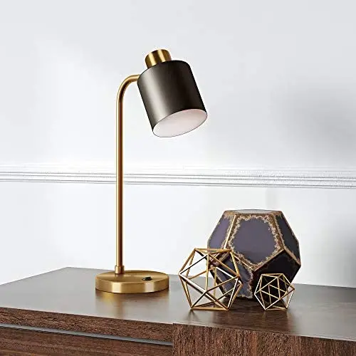 Henn&Hart TL0208 Modern, Contemporary Bedside Blackened Bronze with Brass Metal Shade for Nightstand, Bedroom, Living Room, Office, Study Table Lamp, Black