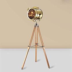 KWOKING Lighting Classic Tripod Floor Lamp Adjustable Legs Reading Light Nautical Spotlight Searchlight Design for Living Room Warehouse Bedroom in Gold and Wood