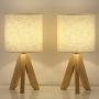 Wooden Tripod Table Lamps Set of 2 with Rustic Linen Fabric Shade Small Bedside Nightstand Lamps for Dresser Bedroom Living Room College Dorm Office Hotel