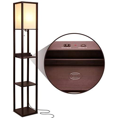 Brightech Maxwell Shelf Floor Lamp w. Wireless Charging Station, USB Port & Outlet - Column Lighting for Bedrooms, Offices & Living Rooms - Contemporary Skinny Nightstand & Tower Light - Brown