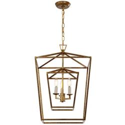 Decomust 17'' Lantern Pendant Light Industrial Vintage Lantern Iron Cage Hanging with 3-Light, Chandelier for Traditional Dining Room Bar Cafe (Gold)